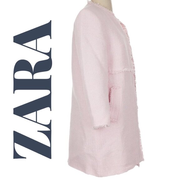 ZARA  Blush Pink Tweed Frayed Edge Longline Open Front Jacket Coat, Size Small - Picture 6 of 13